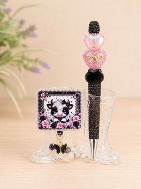 Cute Calf Badge Reel & Heart Rhinestone Pen Set Handmade by Rockin' 3 Leather